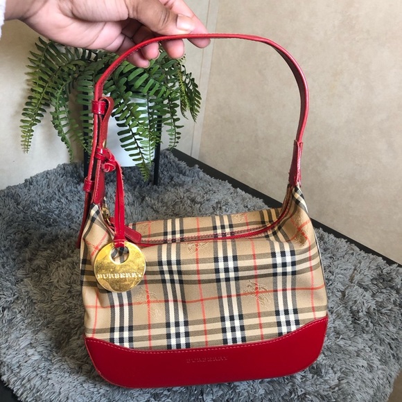 BURBERRY Vintage Red Leather Trim Haymarket Shoulder Bag Adjustable Strap - Picture 16 of 17